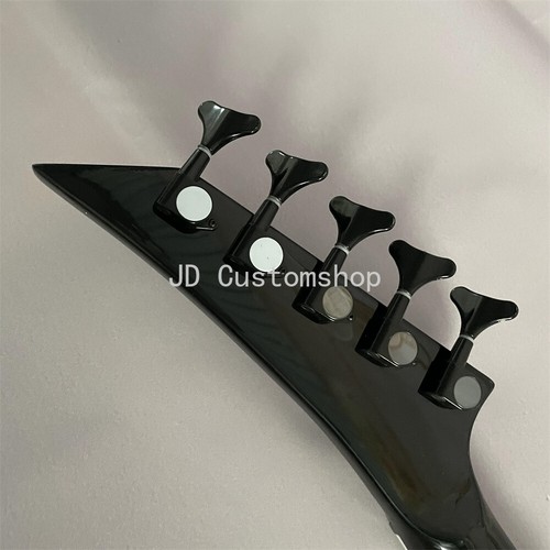 Custom 5 String Black V Shape Bass Electric Guitar Active Pickup White Pinstripe - Picture 4 of 8