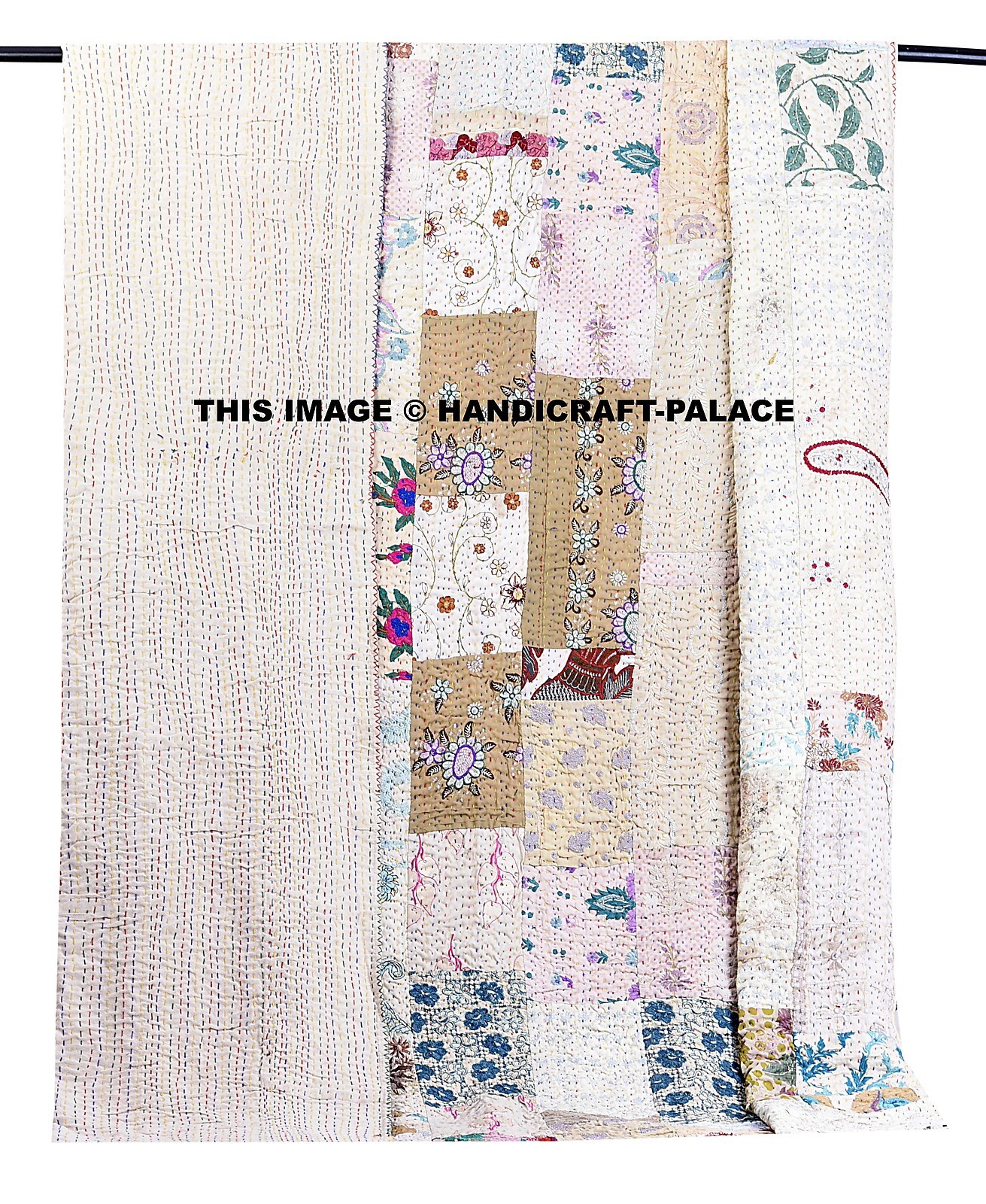 Indian Silk Sari Patchwork Kantha Quilt Embroidered Bedspread Vintage