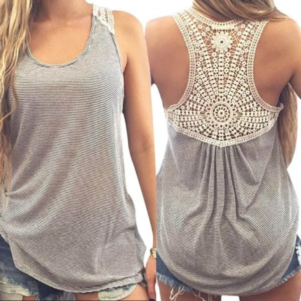 Sleeveless Striped Stitching Back Lace Hollow Vest T-shirt Casual Top for Women