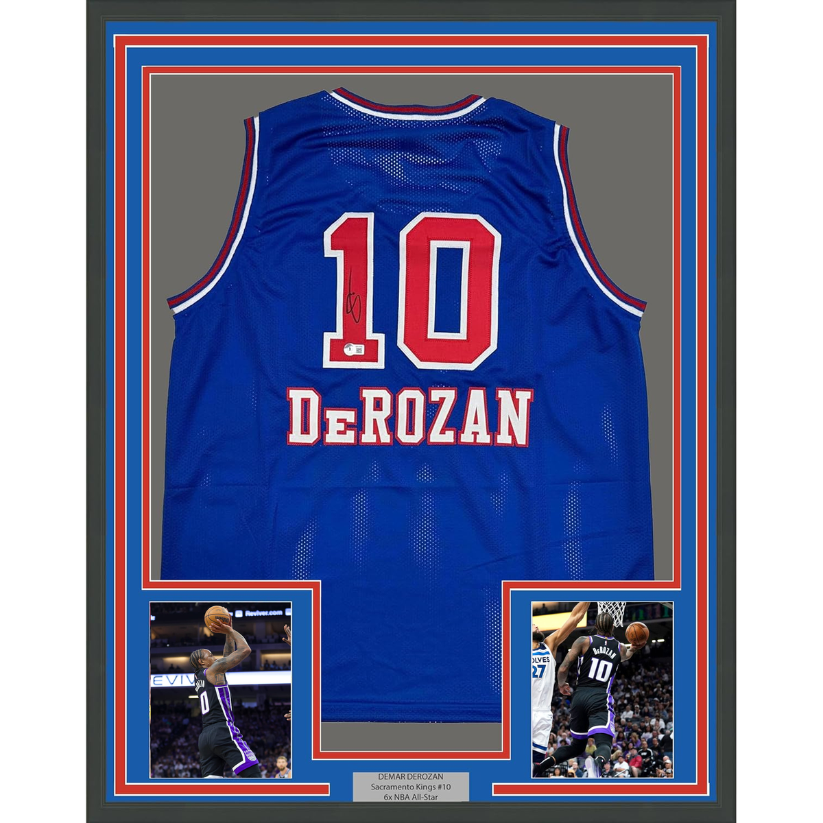 Framed Autographed/Signed DeMar DeRozan 35x39 Blue KC Retro Jersey