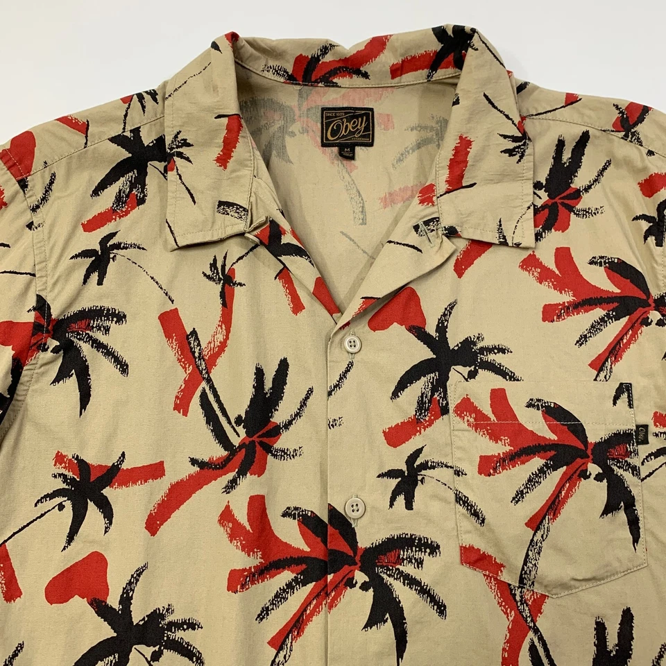 Obey Shirt Mens Medium Parchment Hawaiian Palm Coconut Tree Woven Short Sleeve - Image 3 of 4