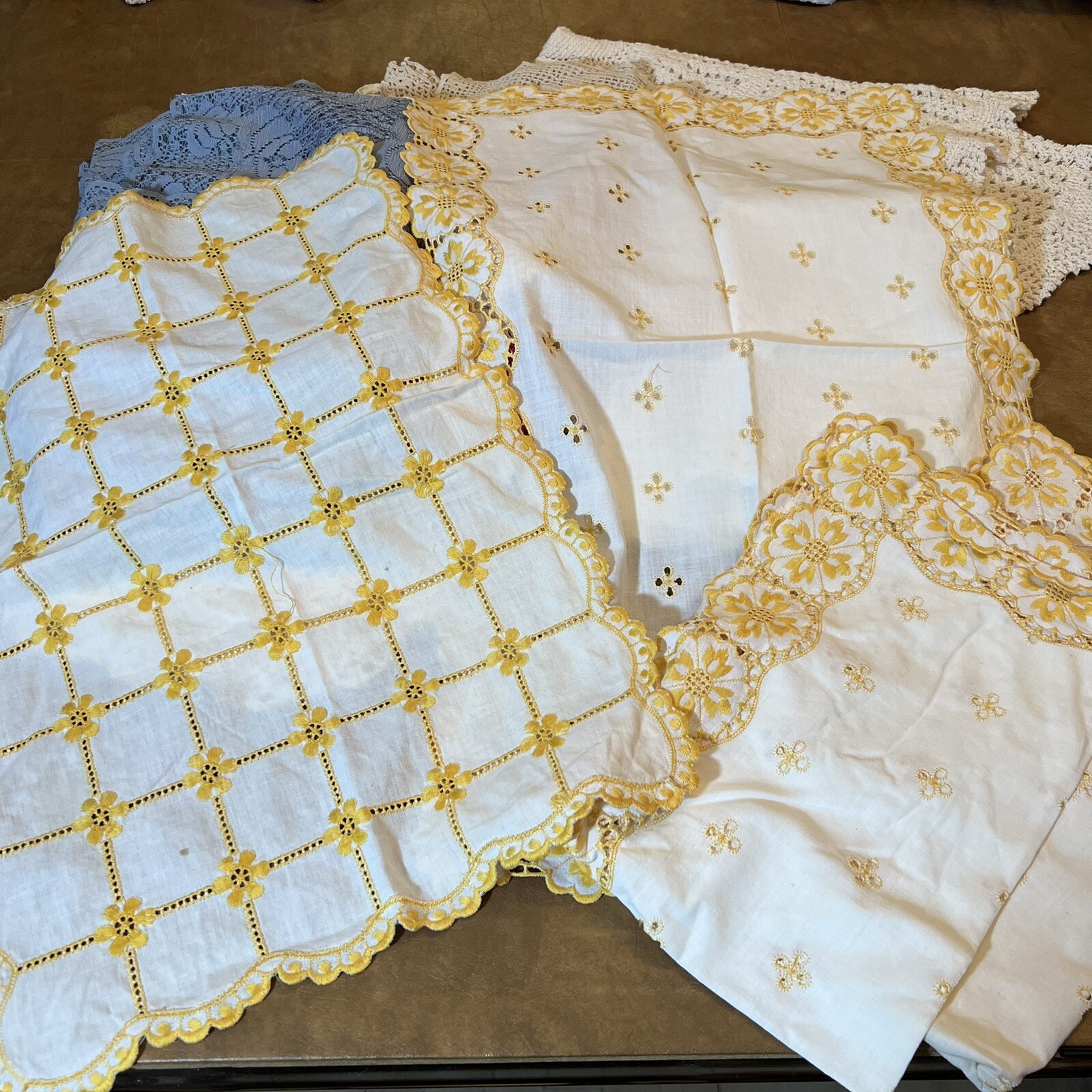Lot 23 Assorted Doilies Lace Table Runners Napkins Embroidery Red Yellow Accents