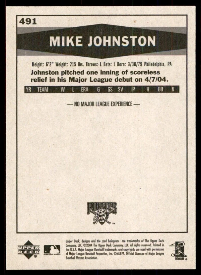 2004 Upper Deck Vintage Update Mike Johnston Pittsburgh Pirates #491 - Image 2 of 2