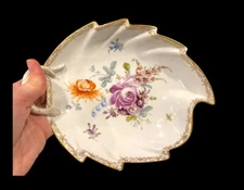 Estate Meissen Dresden Leaf Shaped Dish Richard Klemm Hand Painted Floral