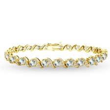 Gold Flash Sterling Silver Aquamarine 4mm Round-Cut S Design Tennis Bracelet