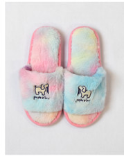 PUPPIE LOVE FAUX FUR SLIDE SLIPPERS, RAINBOW TIE DYE SIZE MEDIUM
