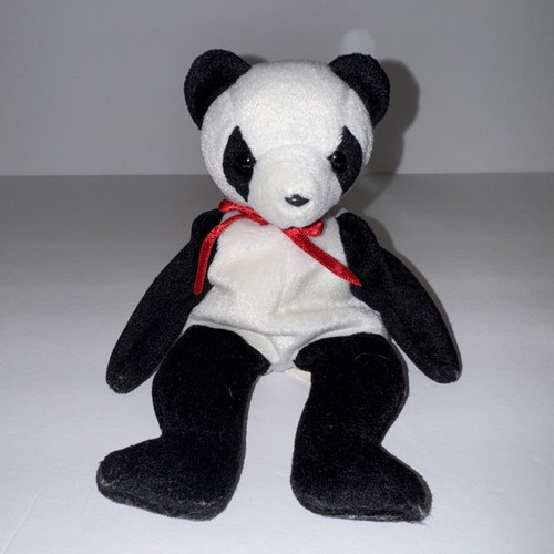 Ty Beanie Babies Panda Bear With Red Bow Named Fortune