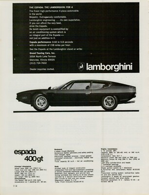 1973 Lamborghini Espada 400gt for 4 Lavish Touring Car Photo Vintage Print Ad