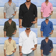 Cotton Linen Men Casual Shirt Long Sleeve Beach T Shirt Lightweight NEW 8 COLORS