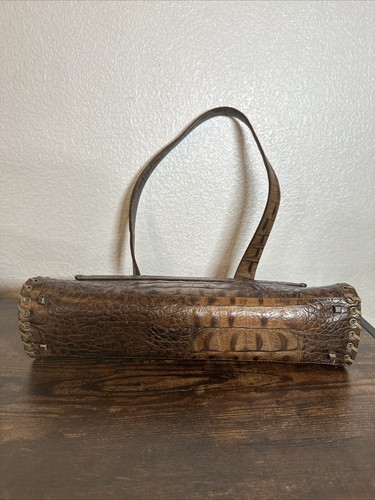 Sondra Roberts Brown Woven Croc Gold Woven Leather Y2K Saddle Bag G43 - Picture 7 of 17