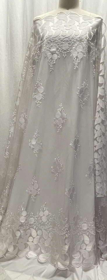 Intricate Wedding Lace Embroidered w/ Scallop White Fabric By The Yard 54" Wide - Image 3 of 4