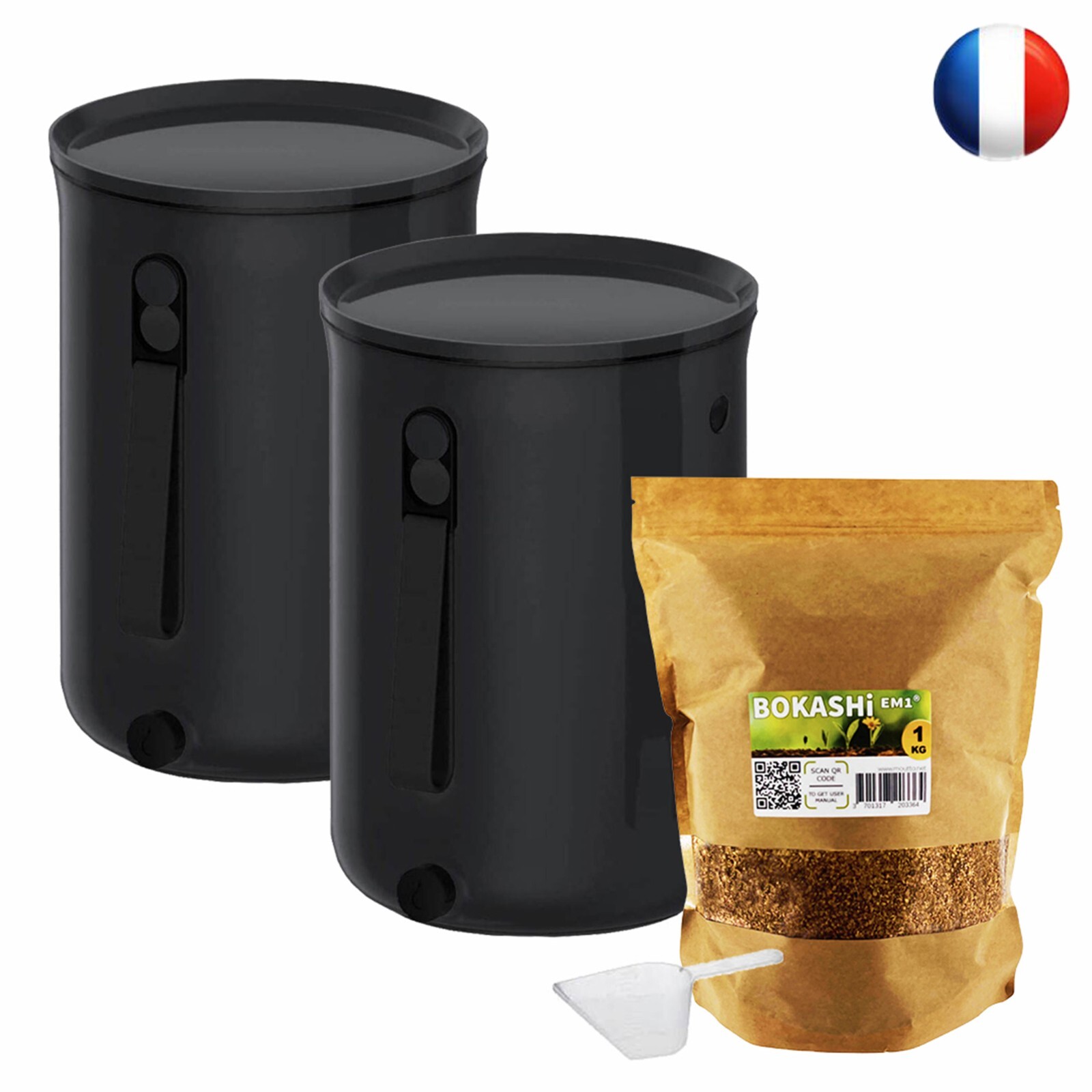 Lot de 2 Bokashi Organko 2 Noir 9,6L avec 1 kg d'Activateur de Compost