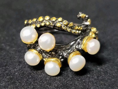 Natural Pearl Tentacles Octopus 925 Sterling Silver Size 6.5 2684