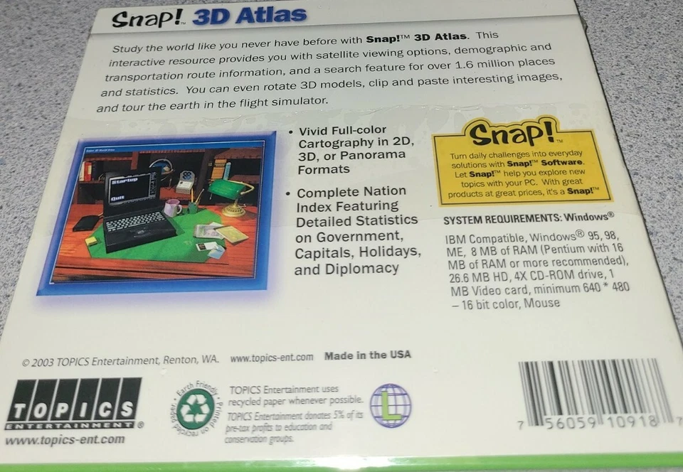 VTG 2003 3D ATLAS PC CD-ROM Software By SNAP! WINDOWS 95 98 1.6 M PLACES & STATI - Image 2 of 4