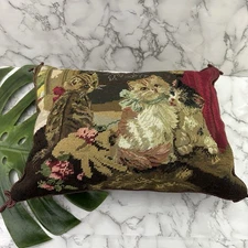 Imperial Elegance Vintage Needlepoint Throw Pillow Cats Brown Pink Wool Velvet