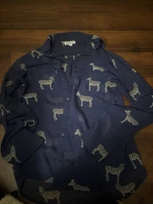 Express Portofino Shirt Womens XS Button Up Blouse Top Sheer Zebra Blue Navy