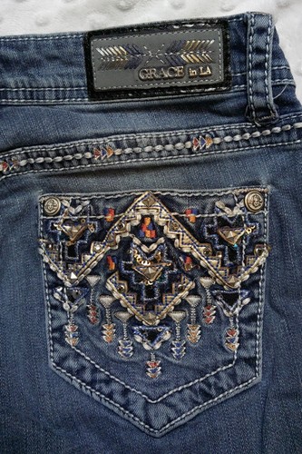 Jeans donna bootcut Grace in LA taglia 27 tasche Bling ricamate - Foto 9 di 11