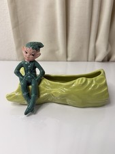 Vintage Gilner California Ceramic Pixie Elf Sitting on Log Planter Hand Painted