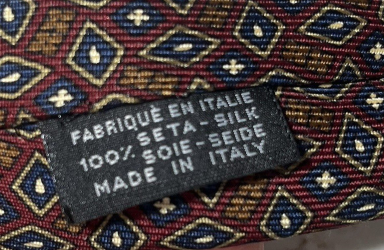 CHANEL Paris 100% Silk Men's Tie Burgundy Blue Geometric Diamond Made in Italy thumbnail 6