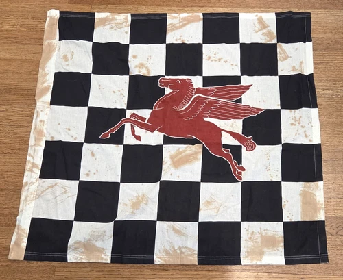 Vintage Mobil Gasoline Checkered Pole Flag Pegasus Sign Gas Pump Service Station