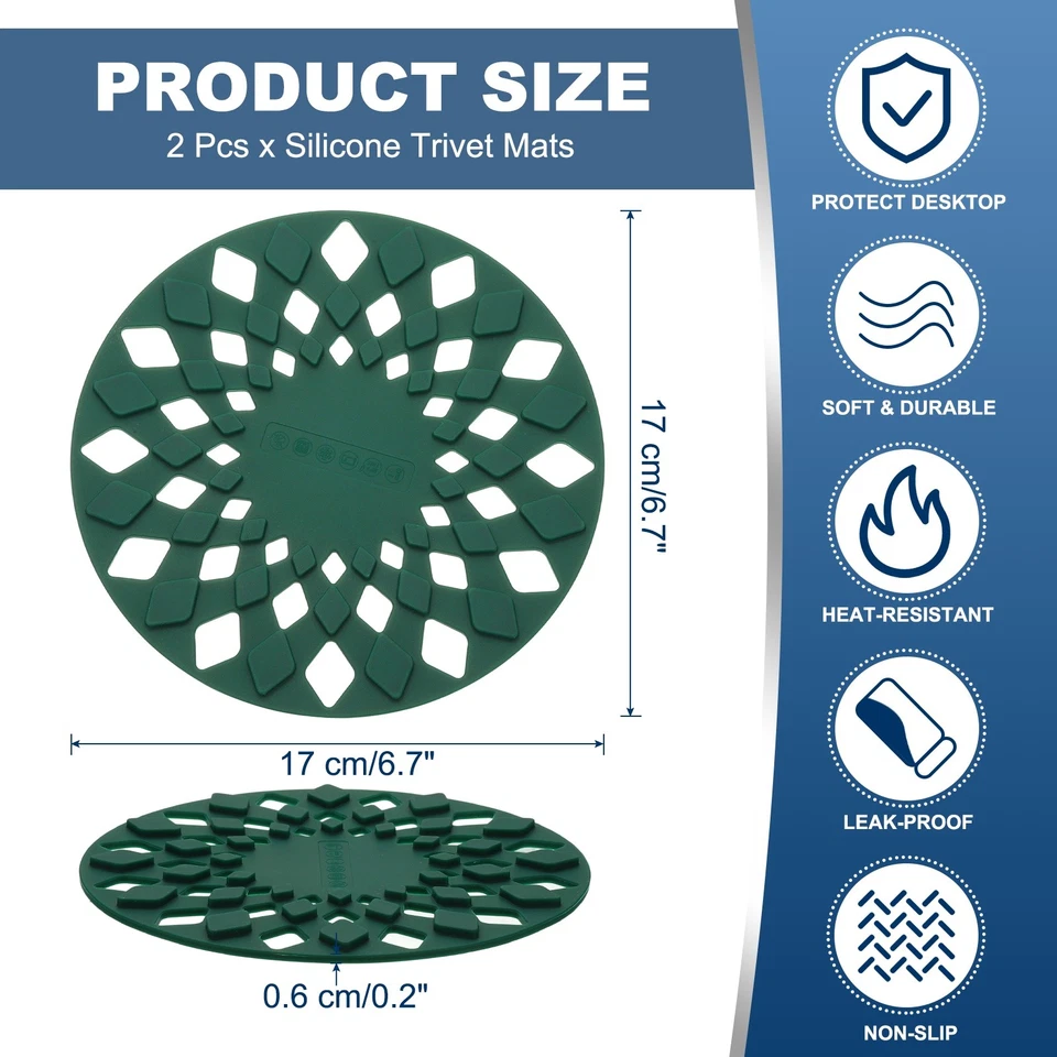 Juego de 2 alfombrillas trivet de silicona, remaches redondos de 6,7" para ollas calientes, verde oscuro Foto 2 de 4
