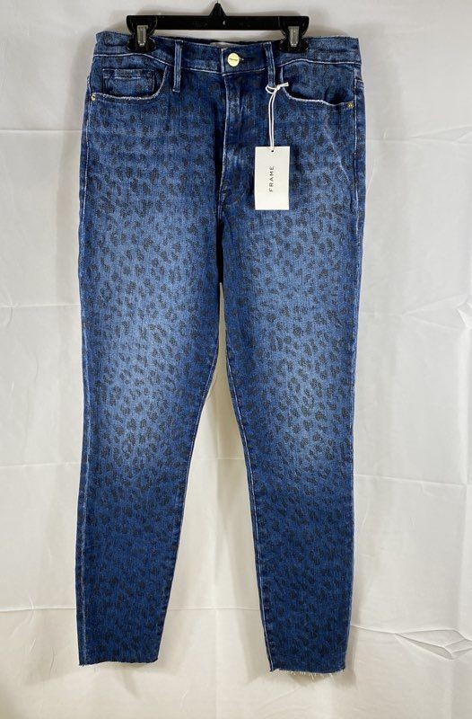 FRAME Women's Ali High Rise Cigarette Jeans Black Leopard Print Blue Sz 30 NWT