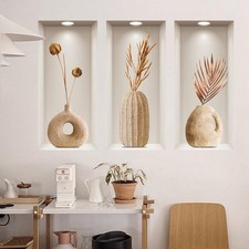3D Dried Flower Vase Wall Stickers, 3Pcs Rustic Blossom PVC Wall Decals, Remo...