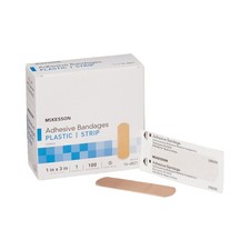 McKesson Plastic Adhesive Bandages Band-Aid Strips Sterile 1 X 3" Tan 100 Ct