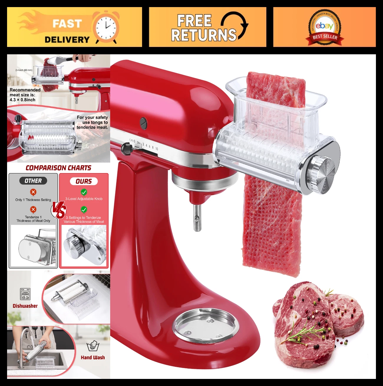Meat Tenderizer Attachment for Stand Mixers, 3 Thickness Settings, Dishwasher Sa