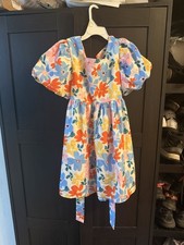 Girls Multicolor Floral A-Line Knee Length Dress, Puff Sleeves, Bow, Ruffle