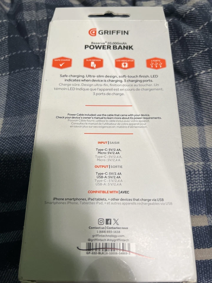 Banco de alimentación Griffin Reserve dispositivos móviles 20.000 mAh 15 vatios multi puerto delgado NUEVO Foto 2 de 2