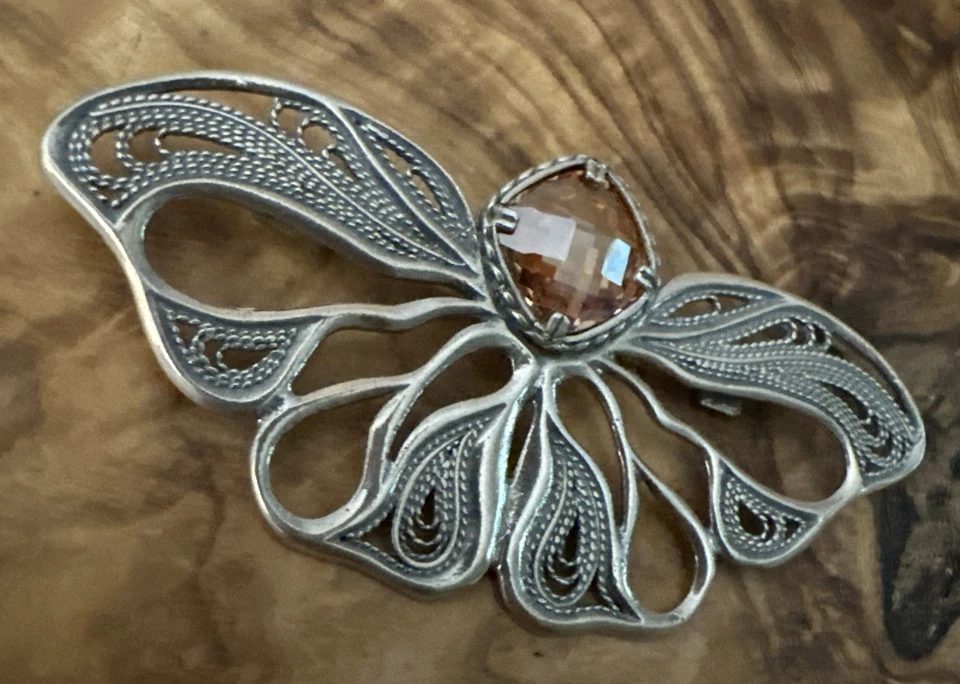 SILPADA Lacy Butterfly Brooch / Pin Sterling Silver / 925 With Apricot CZ - Image 3 of 4