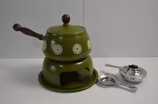 Vintage Fondue Set Avocado Green White Geometrics Enamel MCM Kitchen