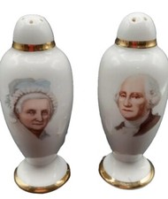 VINTAGE GEORGE WASHINGTON  MARTHA SALT  PEPPER SHAKERS GOLD TRIM  5 H