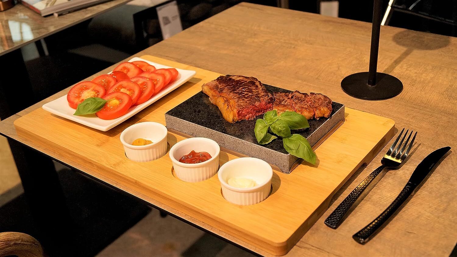 Hot Stone Heißer Stein Grill Steak Stone Set weißer 1x Teller 3x Dipschalen