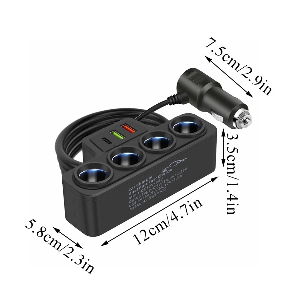 7-IN-1 4Way Car Cigarette Lighter Socket Splitter Fast Charger Power Adapter 12V - Image 2 of 4
