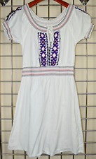 Peasant Dress Size S White Semi Sheer Cotton Purple Pink Embroidered Trim