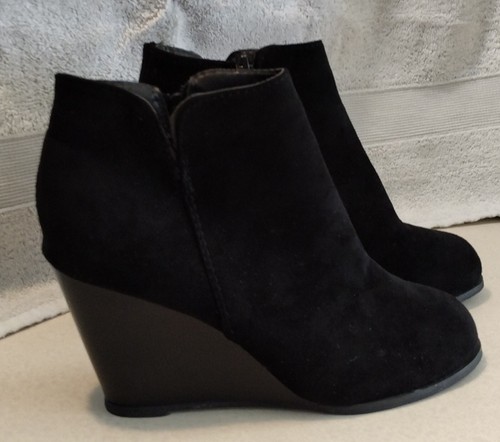 Damengröße 6 Stiefeletten Keilabsatz Blockabsatz gestapelter Absatz seitlicher Reißverschluss schwarz Booties, NEU