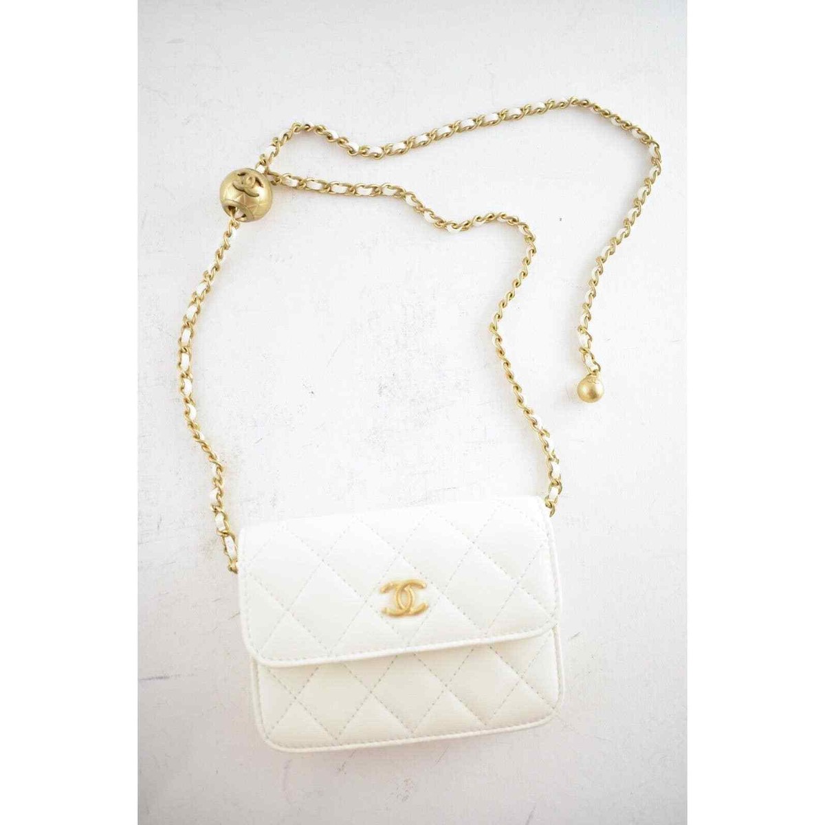 Chanel 22C White Pearl Crush Clutch Mini Chain Classic Gold Card