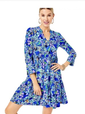 Lilly Pulitzer Alaina Blue Grotto Twilight Tropics Sleeves Dress Sz M Knit N11