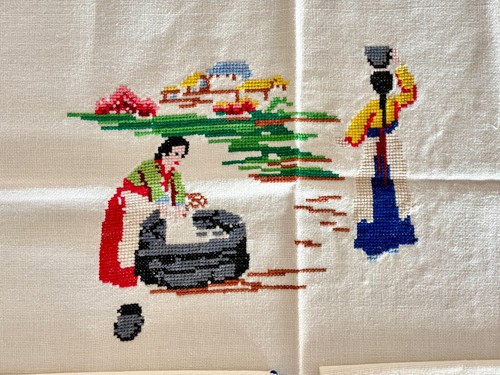 Embroidered Tablecloth & 8 Napkins w/ Scenes of Korean Women & Children – New! - Bild 6 von 19