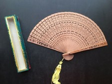 Vintage Reticulated Pierced Wood Fan Yellow Tassel in Box 12" x 7.5"
