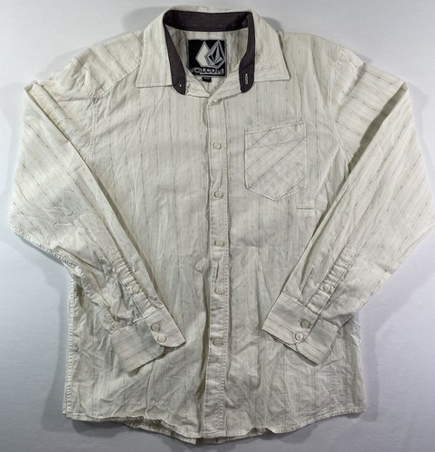 Volcom Button Shirt Mens Medium Ivory With Embroidered Logo Pockets Long Sleeve - Picture 2 of 10