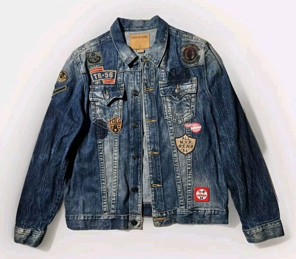 True Religion Men's Faded Distressed Patches Denim Trucker True Religion Men's Faded Distressed Patches Denim Trucker