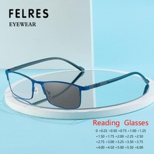Men Metal Photochromic Reading Glasses Square Full Rim Classic Sunglasses