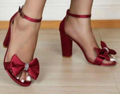 Burgundy Satin Bow Heels Womens Chunky Block Heel Sandals Wedding Prom UK 7 EU40 - Image 1 of 3