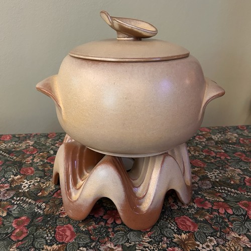 Frankoma 4V Vintage Mid-Century Ceramic Bean Pot with Warmer Stand and Lid