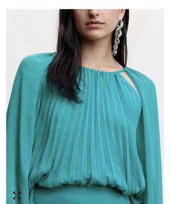 NWT small oversized Mango Pleated Keyhole Cutout Blouse in Turquoise