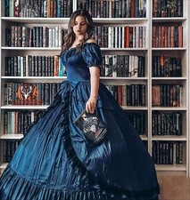 Victorian Navy Satin Ball Gown Off Shoulder Bow Ruffle Historical Costume Dress
