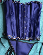 XL Blue Satin Overbust Corset With Embroidered Ribbon Trim And Thong